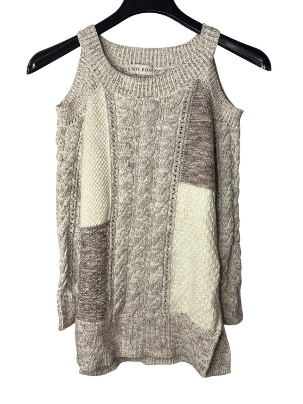 Knox Rose Womens Cold Shoulder Sweater Size S Cable Knit Patchwork Neutral